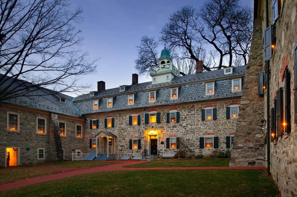 A view of the Bell House at dusk