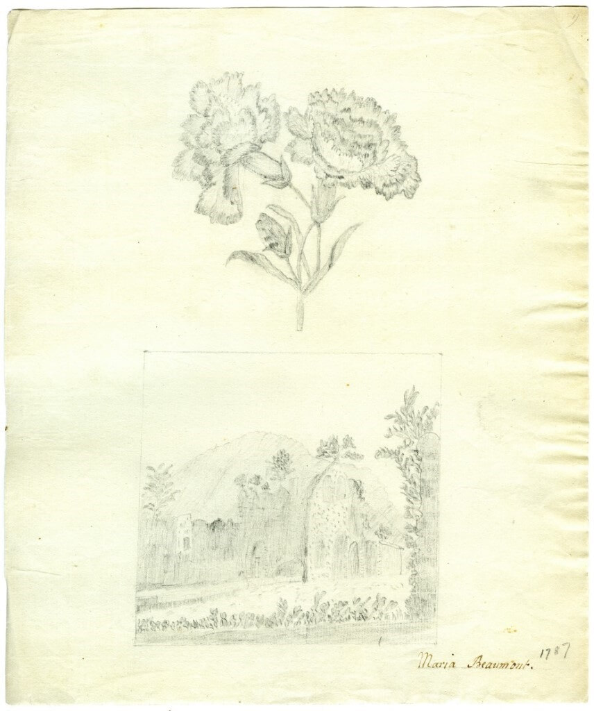 Two pencil sketches on a sheet of paper. The top sketch is two carnations. The bottom sketch is a landscape. The name